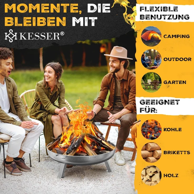 KESSER® Feuerschale mit 2,5 mm Stahldicke Feuerkorb aus Edelstahl / Stahl inklusive 42cm Feuerhaken aus Gusseisen, Wasserablauf & 2 stabile Griffe für Holz & Kohle Feuerstelle für Garten & Terrasse Ø 80 cm, Edelstahl – Bild 4