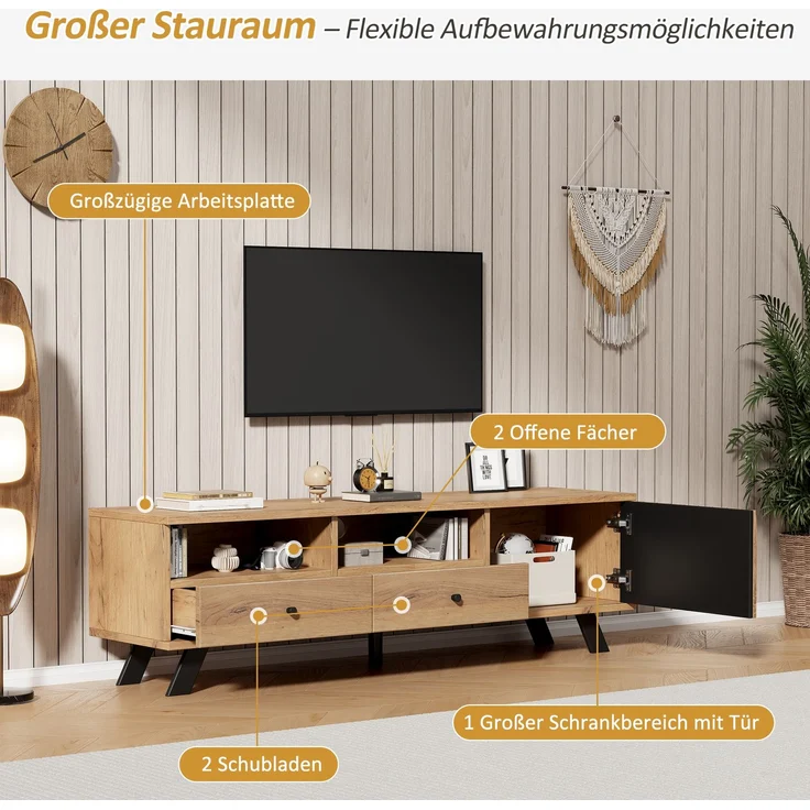 TV-Schrank 150 cm mit Holzmaserung in Natur & Schwarz – Fernsehschrank mit 2 Schubladen, 1 Schrank & offenen Fächern – Bild 7