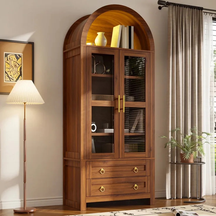 Vitrine 76 x 40 x 180 cm aus MDF und Spanplatte mit Glasfront, LED-Beleuchtung und Retro-Bogen