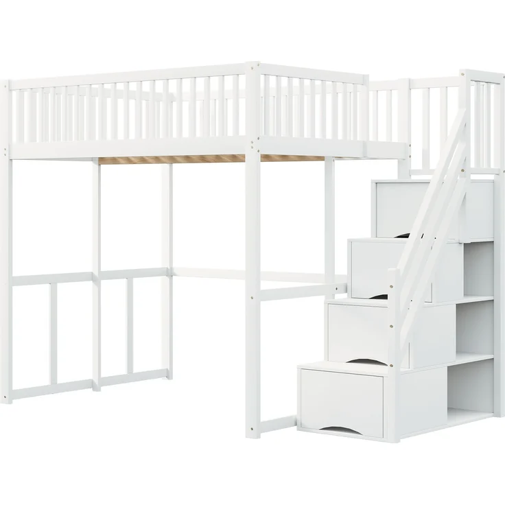 Merax Hochbett 140x200cm mit Sicherheitsaufbewahrungsleiter, Sicherheitsumrandung, Bettgestell aus massiver Kiefer, Geeignet für Kinder, Jugendliche und Erwachsene, Weiß – Bild 9