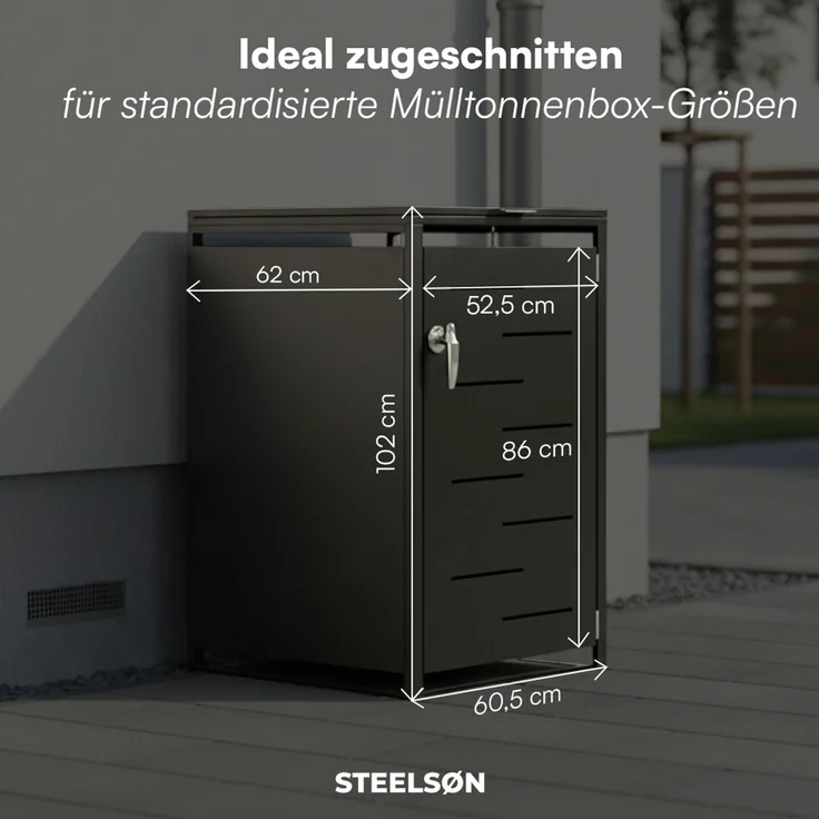 STEELSØN 'Diorus' Mülltonnenbox 1er 120 Liter, graphitschwarz, Mülltonnenverkleidung aus Stahl mit Sichtstreifen, wetterfest, 102x62x60,5 cm, abschließbare Müllbox für 1 Tonne – Bild 6