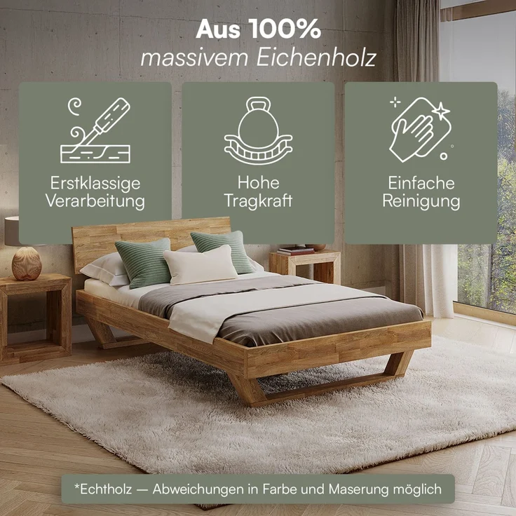 skølm 'Nornir' Bett 120x200 cm, Bettgestell, natur geölt, Massivholzbett aus Eiche mit Holzkufen, Doppelbett mit durchgehendem Bettkopf – Bild 3