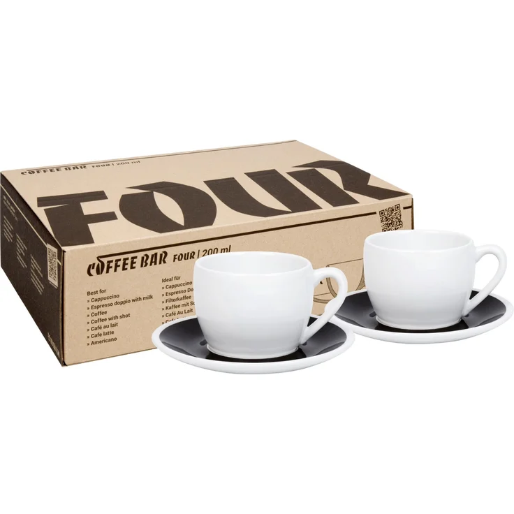 KÖNITZ 2er Set Coffee Bar FOUR Cappuccinotasse mit Untertasse 200 ml Black & White im Geschenkkarton – Bild 1