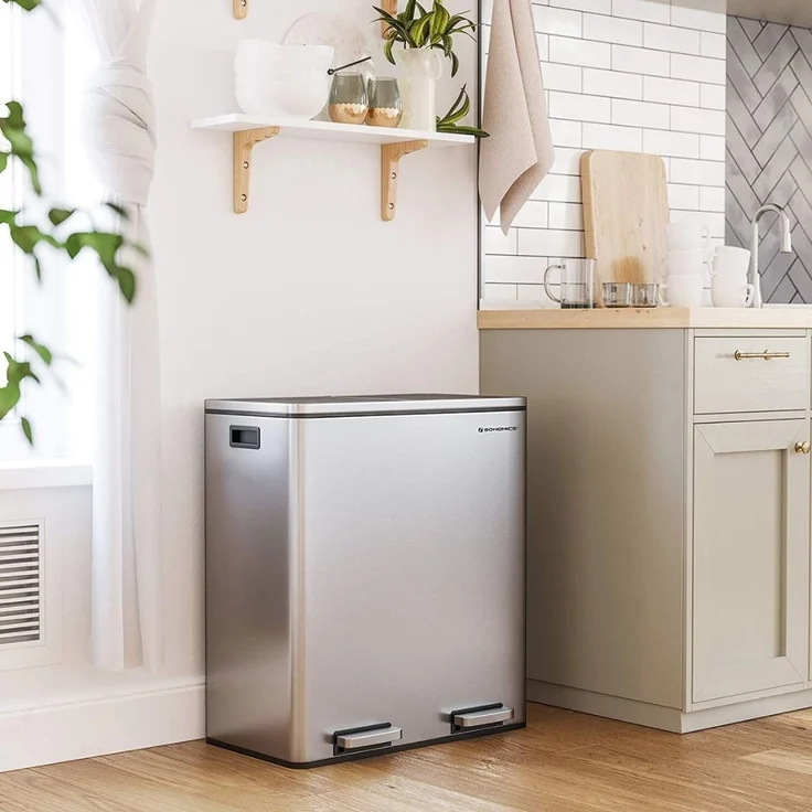Songmics Mülleimer mit 2 Fächern und Softclose, luftdicht inkl. Müllbeutel, Metall, 60 (2x30) Liter, Silber – Bild 9