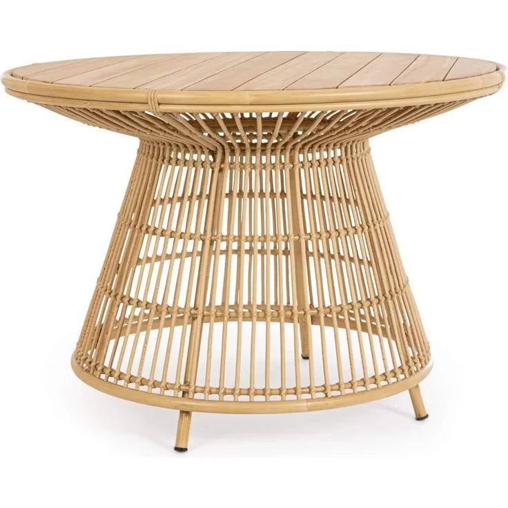 Gartenesstisch Amelda aus Teakholz Natur, Aluminium in Rattan-Optik, Boho Stil, Ø 110 cm, für 3-4 Personen