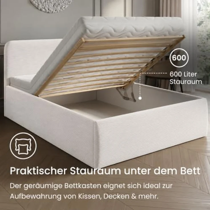 Home Collective Polsterbett mit Stauraum, verstellbarem Lattenrost, 6 Größen wählbar, hochwertiger Kordstoffbezug, Weiß, Federkern- oder Kaltschaummatratze – Bild 4