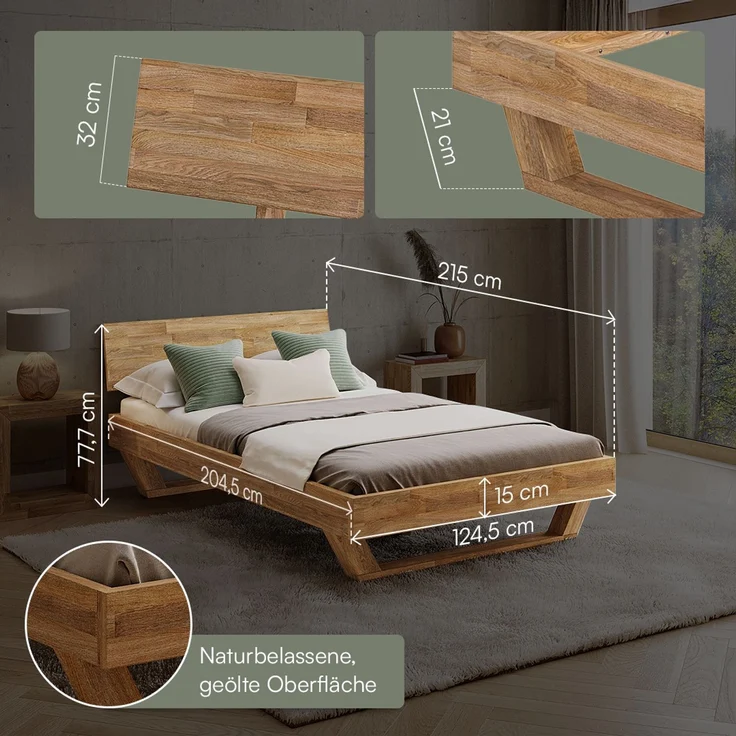 skølm 'Nornir' Bett 120x200 cm, Bettgestell, natur geölt, Massivholzbett aus Eiche mit Holzkufen, Doppelbett mit durchgehendem Bettkopf – Bild 6