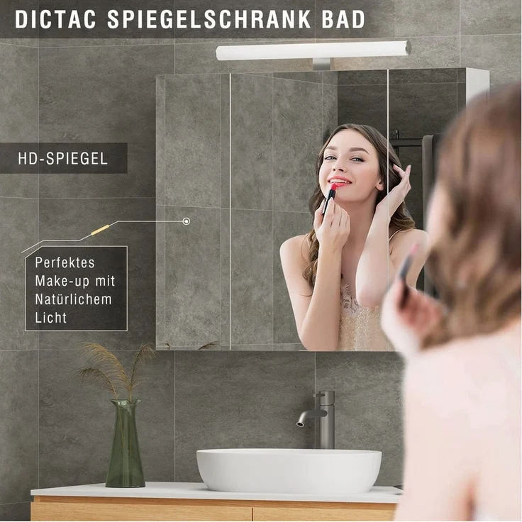 MSMASK Badezimmerspiegelschrank mit LED Beleuchtung, Steckdose und lichtschalter 70x15x60cm(BxTxH) (Ohne Matratze) Badezimmer spiegelschrank mit 3 Türen,Spiegel,Hängeschrank – Bild 2