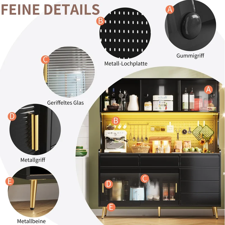 Hochschrank 144,9x39x171 cm mit LED-Beleuchtung, geriffelter Glasfront und Schiebetüren – Bild 9