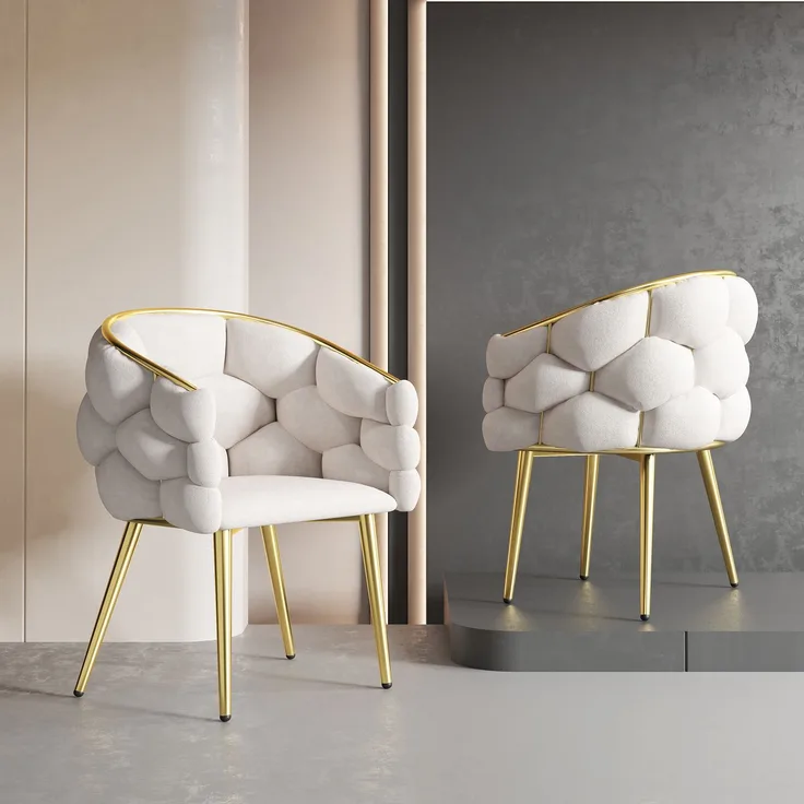 Samtstuhl Beige mit Gold-Rückengestell, gepolsterte Rückenlehne, verstellbare Vorderbeinstützen