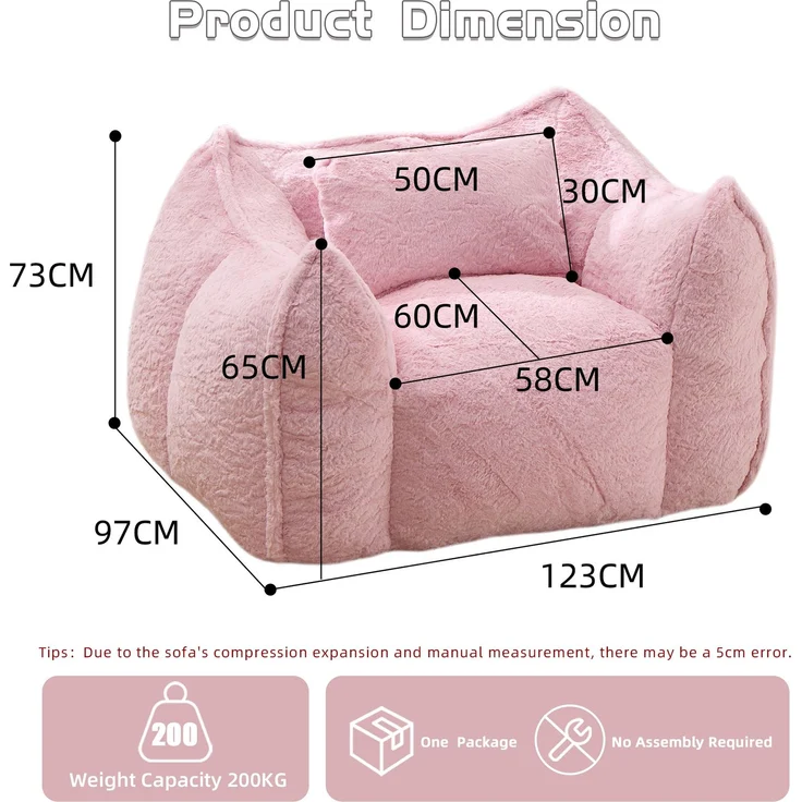 Riesiger Sitzsack mit Kissen, bequemer großer Sitzsack für Erwachsene und Kinder, Kunstfell-Bodensofa für Wohnzimmer, Schlafzimmer und Wohnung, Rosa – 123 x 97 x 73 cm – YOUDENOVA – Bild 3