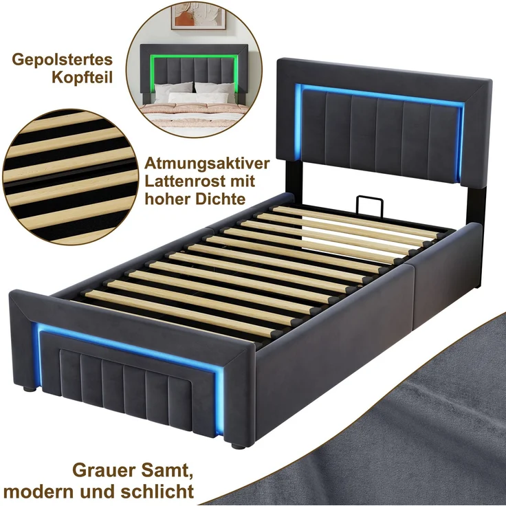 Polsterbett aus Velours mit LED, hydraulischem Stauraum & Schublade, ohne Matratze, 90x200 cm, Anthrazit/Grau – Bild 10