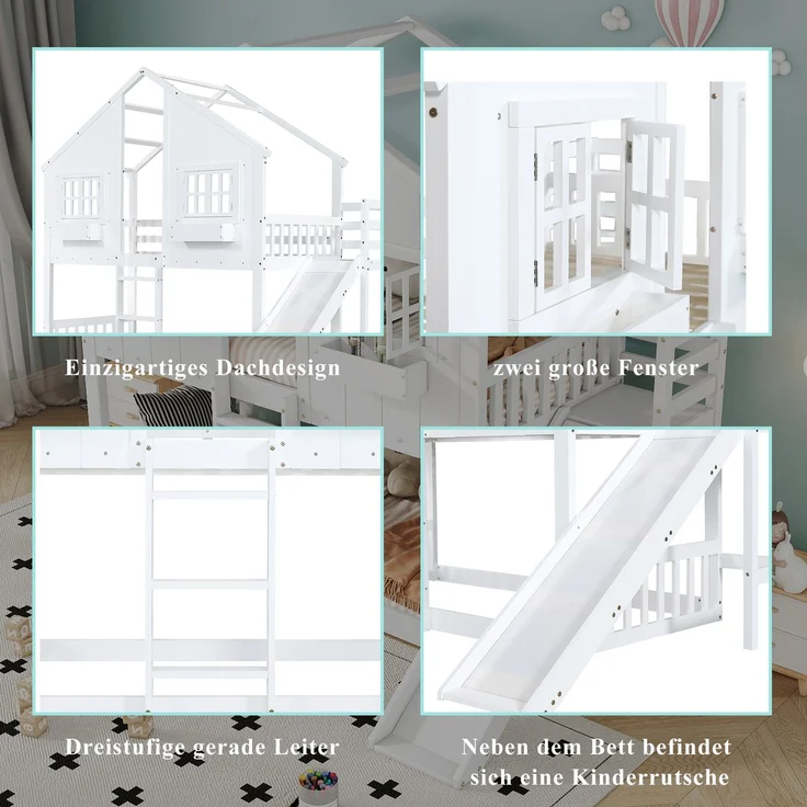 Merax Etagenbett, Kinderbett, Mit Kinderrutsche, Mit Dach und Fenster, mit Fallschutzgitter, mit dreistufiger Leiter, Kiefer+MDF, Weiß, 90x200cm – Bild 5