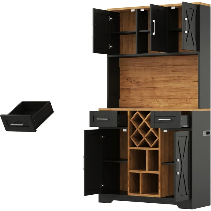 ZUBALIYA hoher Stauraumschrank mit LED-Beleuchtung / Vorratsschrank mit Weinregalen, mit weinschrank & Vitrinenschrank für Wohnzimmer und Esszimmer, 180 x 105 x 40 cm, fürs Wohnzimmer, mit Schubladen – Bild 5