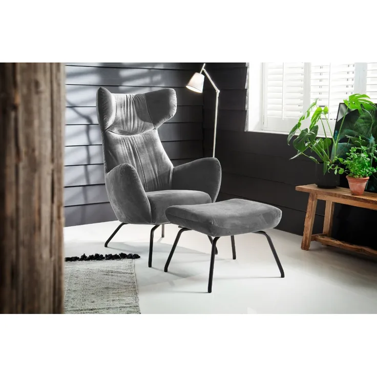 KAWOLA Sessel LOTTE Ohrensessel velvet silber mit Hocker 117 x 82 x 79 cm