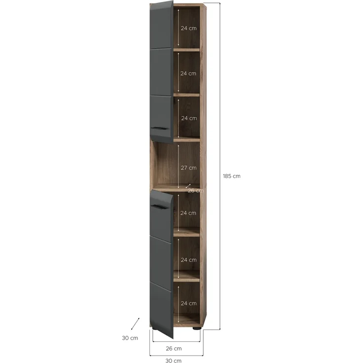 Hochschrank (B/H/T: 30x185x30 cm) in schwarz matt und Nox Oak Nachbildung – Bild 4