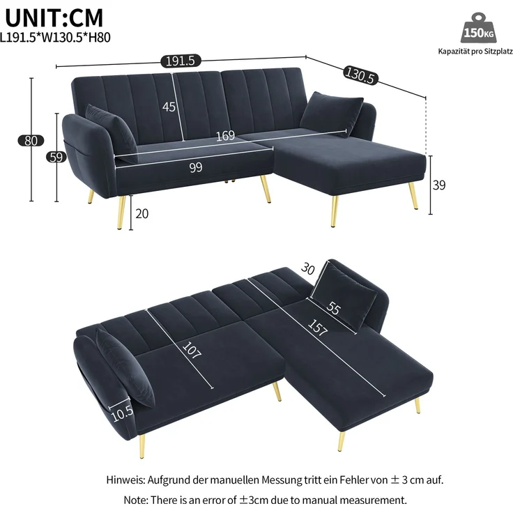 Merax Modernes Klappsofa, L-förmiges Sofa, Schlafsofa mit Zusatzecke, Ecksofa mit Schlaffunktion, Schwarz – Bild 4