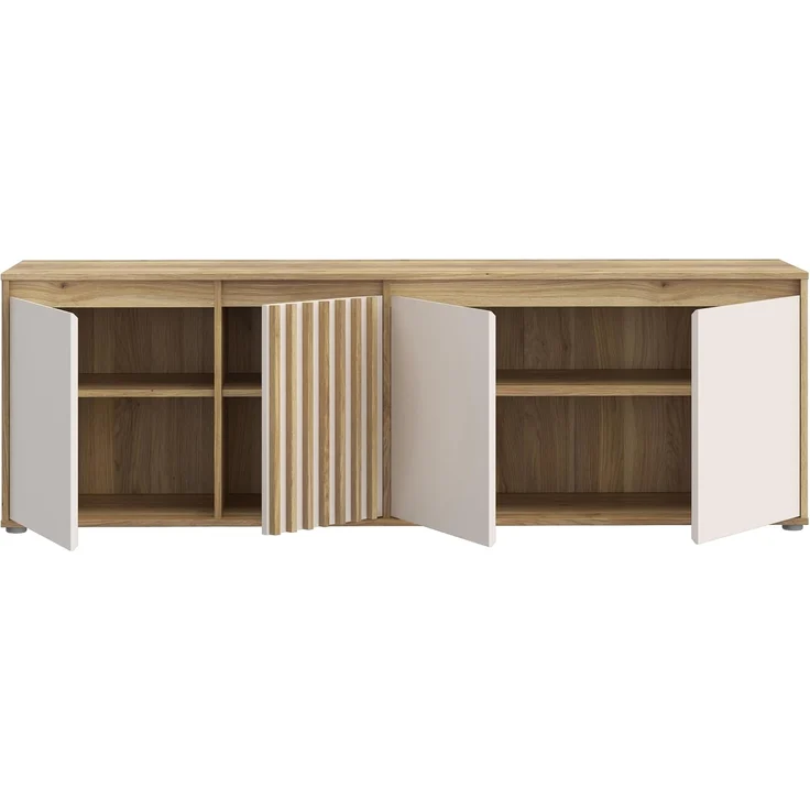 Forte ELISTON TV-Schrank 170 180, modernes Lowboard mit Lamellendesign, 4-türig, Wohnzimmer, Mauvella Eiche Holzdekor|Kashmir Beige, 174,3 cm breit x 56,1 cm hoch x 41,5 cm tief – Bild 4