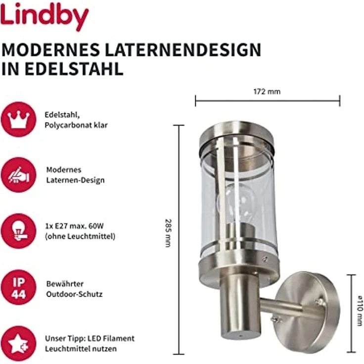 Lindby Außen-Wandleuchte Djori, Edelstahl Alu IP44, 1 x 15 W LED – Bild 2