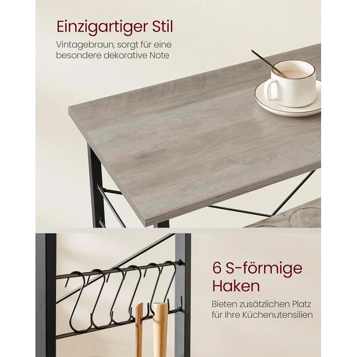VASAGLE Küchenregal auf Rollen, Servierwagen, 3 Ebenen, Küchenwagen, für Mini-Backofen, Mikrowellen, Metallrahmen, 6 Haken, 40 x 80 x 89 cm, Greige meliert-tintenschwarz KKS067K02 – Bild 6
