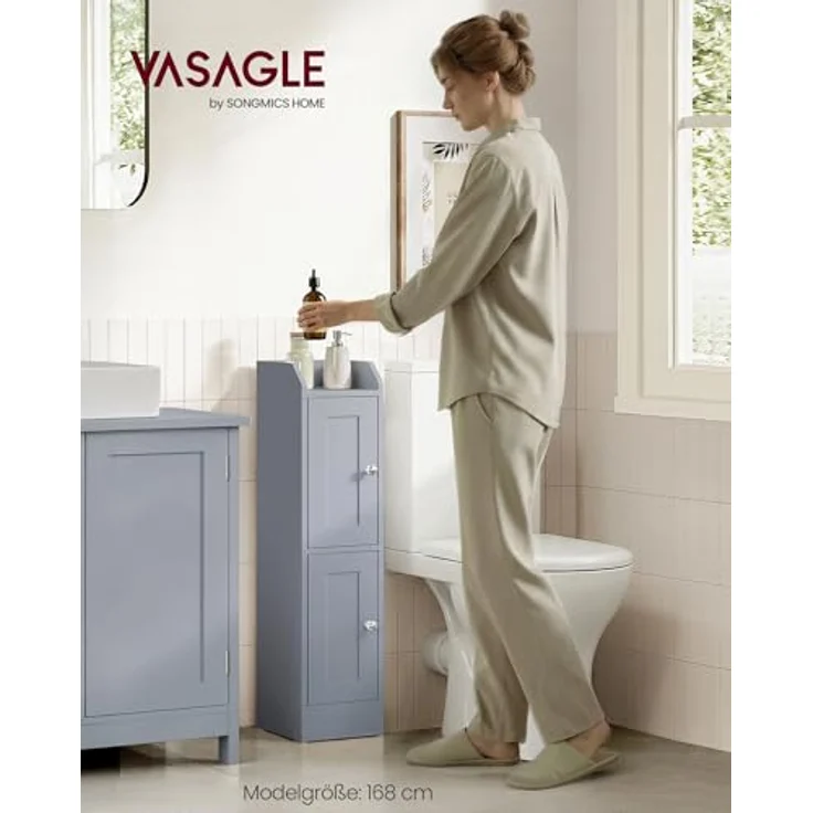VASAGLE Siren Kollektion - Badezimmerschrank schmal, Badschrank, Eckschrank, verstellbare Ablagen, Hochschrank Bad, Türen nach Links oder rechts öffnend, Landhausstil, Taubengrau BBK312GD02 – Bild 2