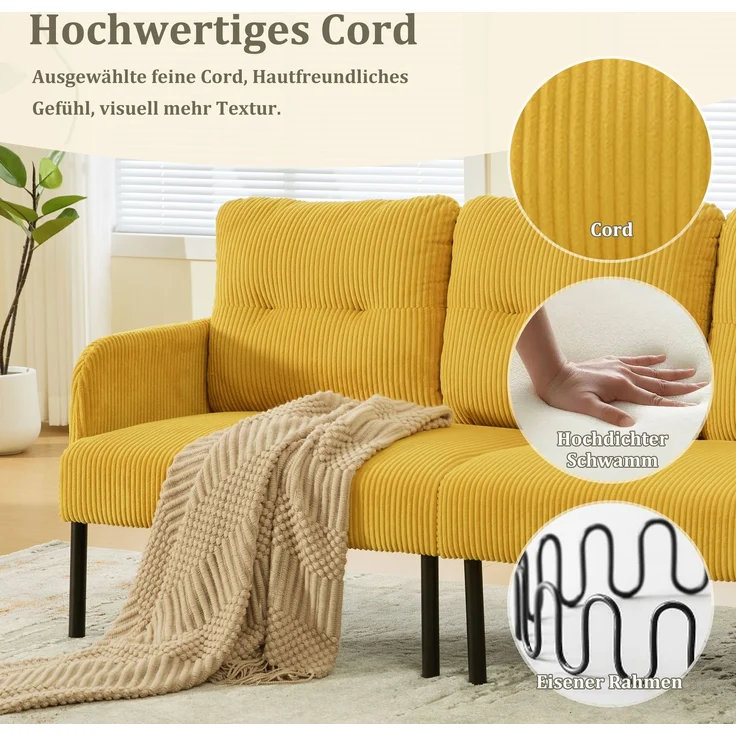 LVHOM 3-Sitzer Sofa mit Metallsockel, Polstersofa mit Seitentaschen, Loungesofa aus Cordstoff, Ergonomisches Stoffsofa, 171x72x80cm – Bild 4