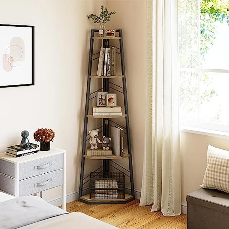 YITAHOME 5-Stöckiges Eck-Bücherregal - Industrielles Freistehendes Leiter-Bücherregal, Modernes Offenes Holzregal für Wohnzimmer, Diele, Home Office, Eiche – Bild 4