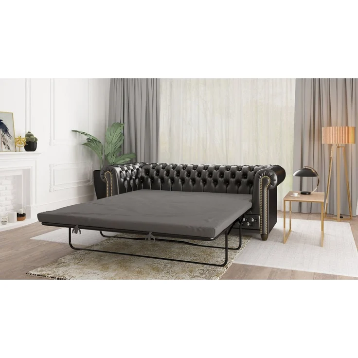 S-Style Möbel Chesterfield-Sofa Jeff, 3-Sitzer mit Schlaffunktion aus veganem Leder mit Holzfüßen, 3-Sitzer mit Schlaffunktion, mit Wellenfederung – Bild 2