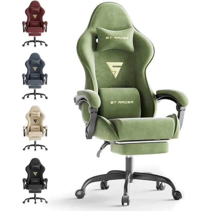 Ferghana Gaming-Stuhl Gaming-Stuhl: Kopfstütze, Lendenkissen, Armlehnen, Fußstütze (Packung), Ergonomischer PC-Stuhl,Rückenlehne 90°-125°