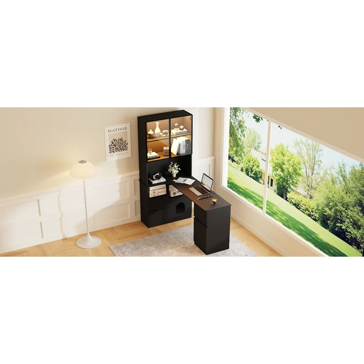 ZUBALIYA Eckschreibtisch mit Regal und LED-Vitrinenschrank 120×80×180 cm – Schreibtisch mit Kabeldurchlass, 3 Schubladen, 2 Türen, offenen Fächern,Ein Eckschreibtisch mit eingebautem Bücherregal,Schwarz – Bild 16
