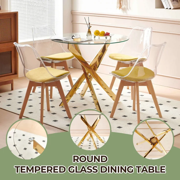 JARDJ Esstisch mit gekreuzten Metallbeinen und Tischplatte aus gehärtetem Glas, moderner, platzsparender Küchentisch für das Wohnzimmer, verchromte Beine, runder Tisch, goldene Beine, 80 x 80 x 75 cm – Bild 2