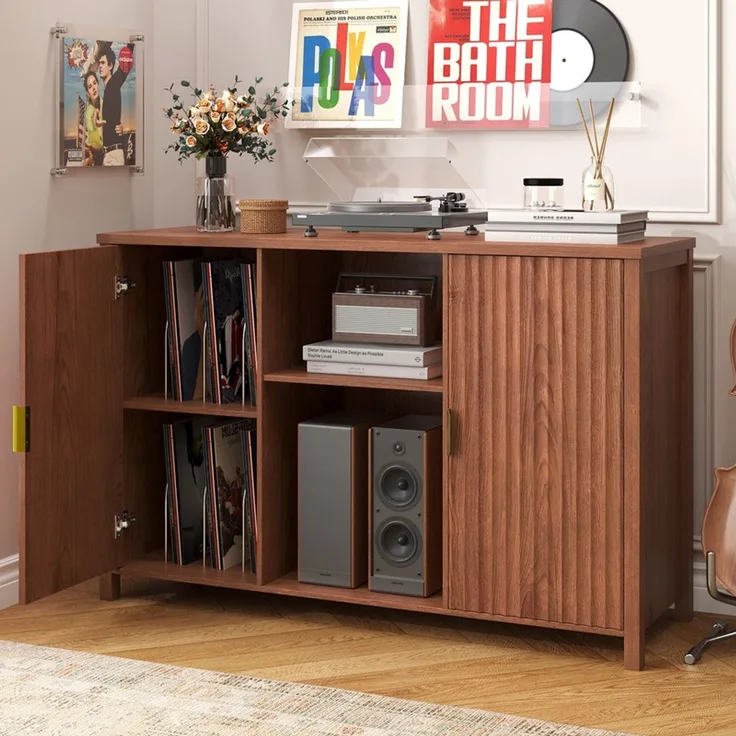 Sideboard Plattenspieler-Schrank 120x40x79 cm, Vinylregal mit Rillentüren und 16 Fächern, Braun