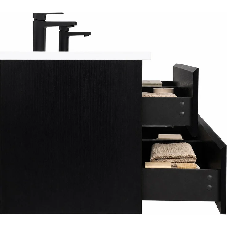Badplaats Badmöbel Set mit Waschbecken und Unterschrank Angela 140 x 48 cm Schwarz Holz - Waschbeckenunterschrank mit Soft-Close und Doppelwaschbecken, Vorgemontiert – Bild 3