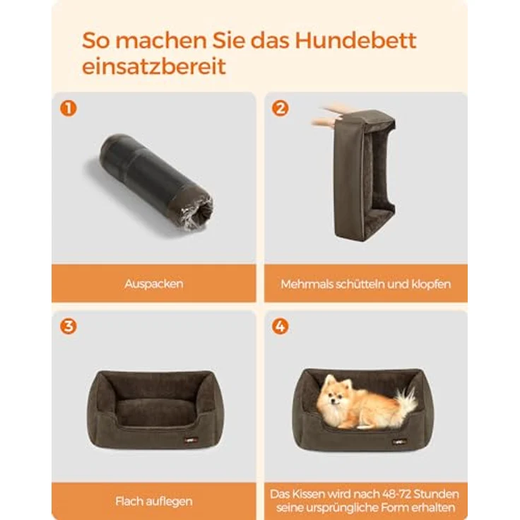 Feandrea Hundebett, Hundekissen in Leinenoptik, Hundekorb, erhöhte Ränder, rutschfeste Unterseite, Bezug abnehmbar waschbar, M, für kleine Hunde, 70 x 55 x 21 cm, braun PGW10CC – Bild 9