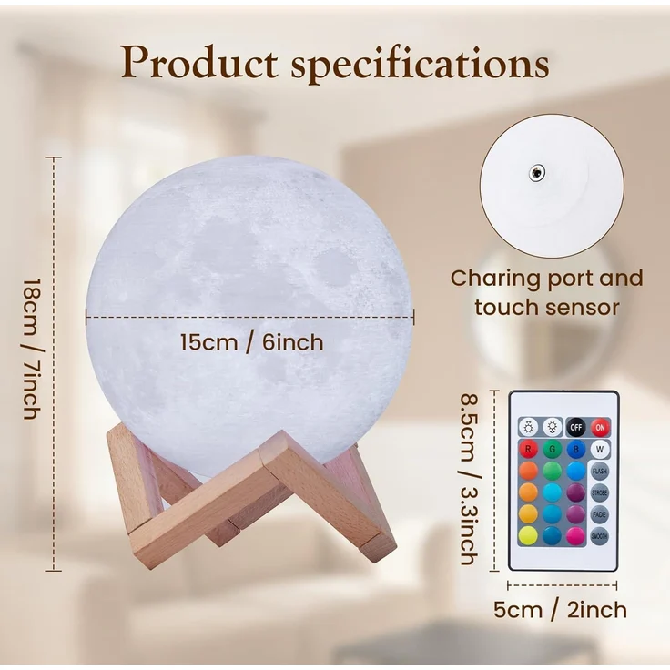 EXTSUD LED Nachtlicht 15cm Mond Lampe 16 Farben 3D Mondlampe mit Fernbedienung, Touchschalter eingebaut Batteriebetrieben dimmbar USB Wiederaufladbare, Nachtlampe Schlafzimmer Dekorative Lichter, für Kinder, M15 – Bild 4