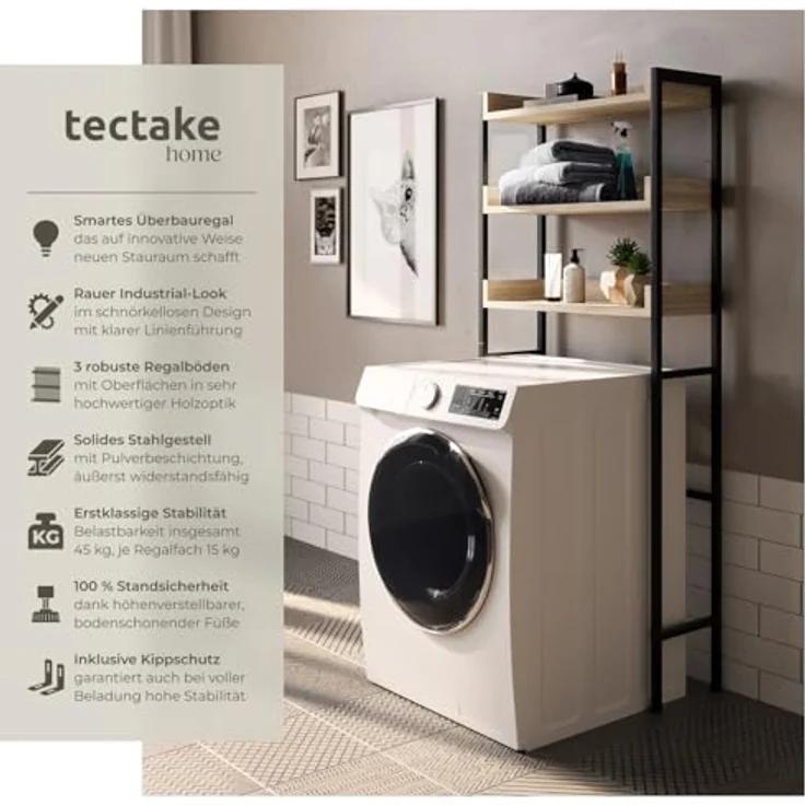 tectake Badezimmerregal mit 3 Ablagen, Badregal, Waschmaschinenregal, Industrial Design, Überbauschrank, Regal für Waschmaschine, Toilettenregal, 67 x 25 x 165 cm - Industrial Holz hell, Eiche Sonoma – Bild 4