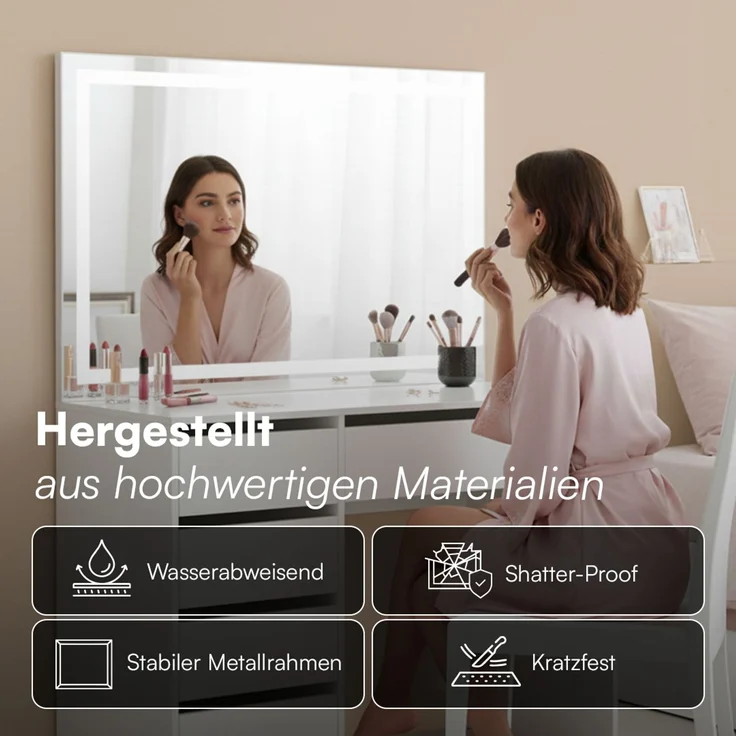Bellamio 'Nore' Schminktisch mit Spiegel, mit 5 Schubladen, beidseitig montierbar, weiß, 75x53x110 cm, LED-Beleuchtung mit mit 3 einstellbaren Lichtfarben – Bild 5