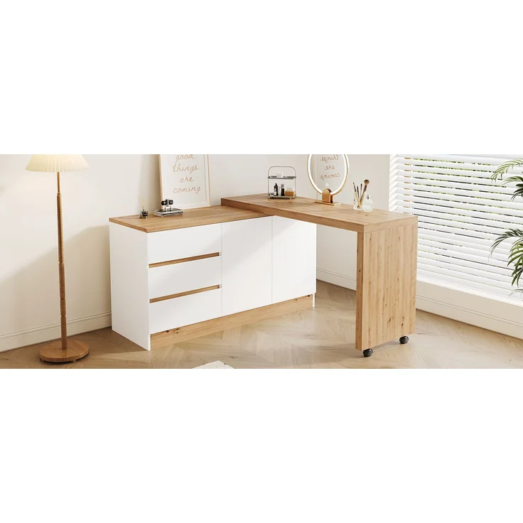 ZUBALIYA Schreibtisch mit feststellbaren Rollen – multifunktionales Design, 4 cm dickere, drehbare Tischplatte, fest arretierbar, weiß/Eiche, Faltbarer Schreibtisch, Eckschreibtisch, Sideboard,Dicke Materialie – Bild 19