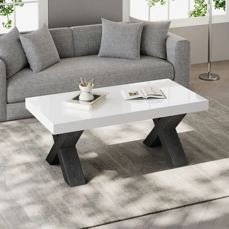 BBWL Couchtisch mit Hochglanzplatte, X-Beinen, MDF, moderner Wohnzimmertisch, Rechteck Couchtisch, Beistelltisch Weiß Schwarz 100x50x40cm – Bild 4