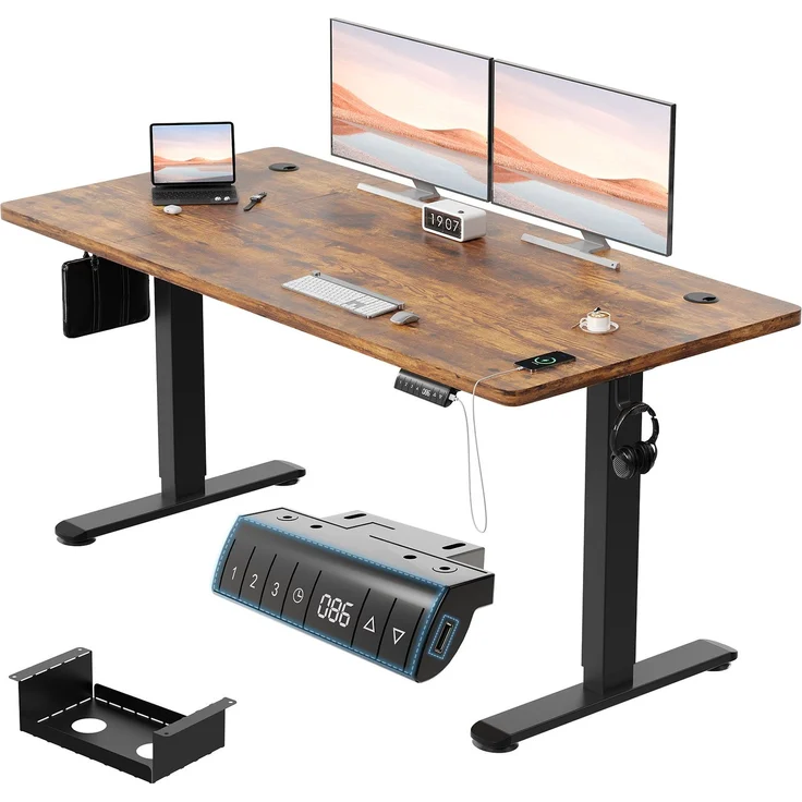 JUMMICO Schreibtisch elektrisch höhenverstellbar mit Kabelwanne & USB-Buchse, Vintage-Braun, 160x80 cm – Bild 2