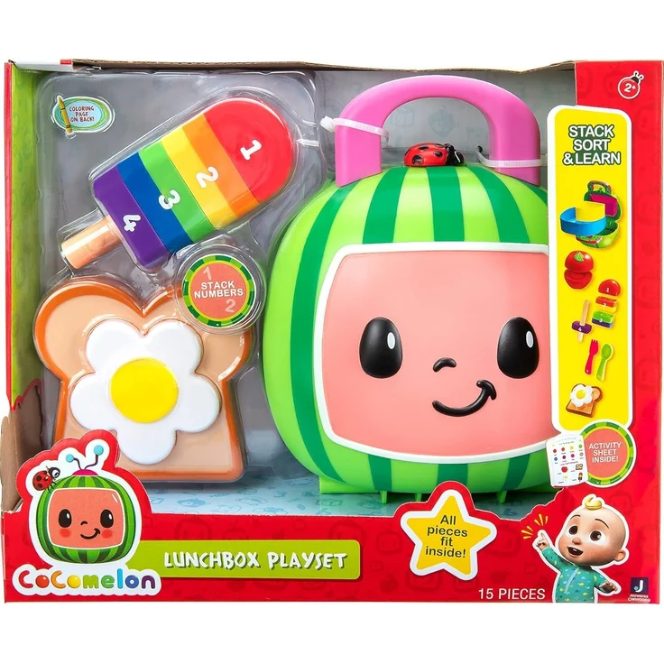CoComelon Lunchbox-Spielset - Enthält Lunchbox, 3-teiliges Tablett, Gabel, Löffel, Toast mit Ei, Apfel, EIS am Stiel, Aktivitätskarte - Spielzeug für Kinder, Kleinkinder und Vorschüler – Bild 2