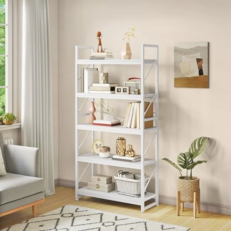 YITAHOME Bücherregal mit 5 Ebenen, Großes Standregal, Holzregal und Metallrahmen, Industrieregal, Bodenstehendes Lagerregal, für Wohnzimmer, Home Office, Weiß Regal – Bild 2