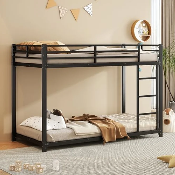 FAVSH Etagenbett 90x200 cm, stabiles Metallbett mit Leiter und Sicherheitsgeländer, Hochbett für 2 Kinder mit Lattenrost, Stockbett für Erwachsene und Jugendliche, Platzsparendes Bettgestell, Schwarz – Bild 8