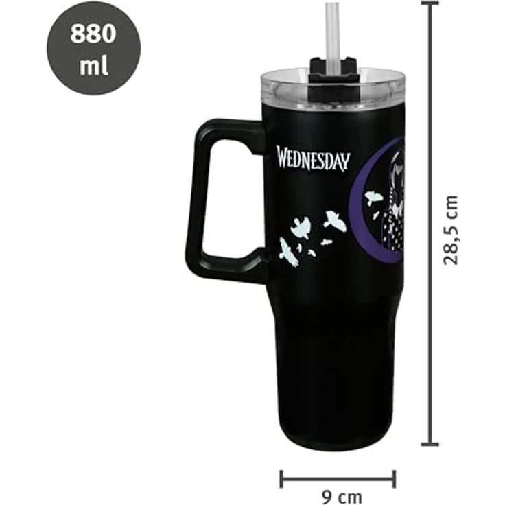 Undercover - Wednesday Isolierbecher mit Strohhalm - 880ml Fassungsvermögen - Edelstahl Trinkbecher mit Handgriff - BPA frei, Schwarz – Bild 2