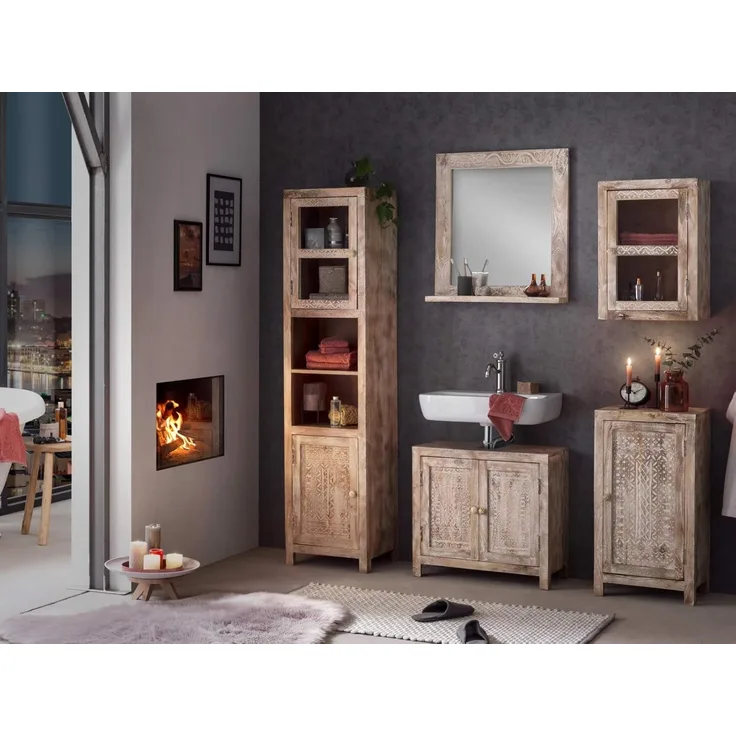 Badmöbel-Set massivum Bitna 5teilig Mango Holz natur 43x180x35 cm Badset mit Spiegel und Schränken rustikal Boho Massivholz