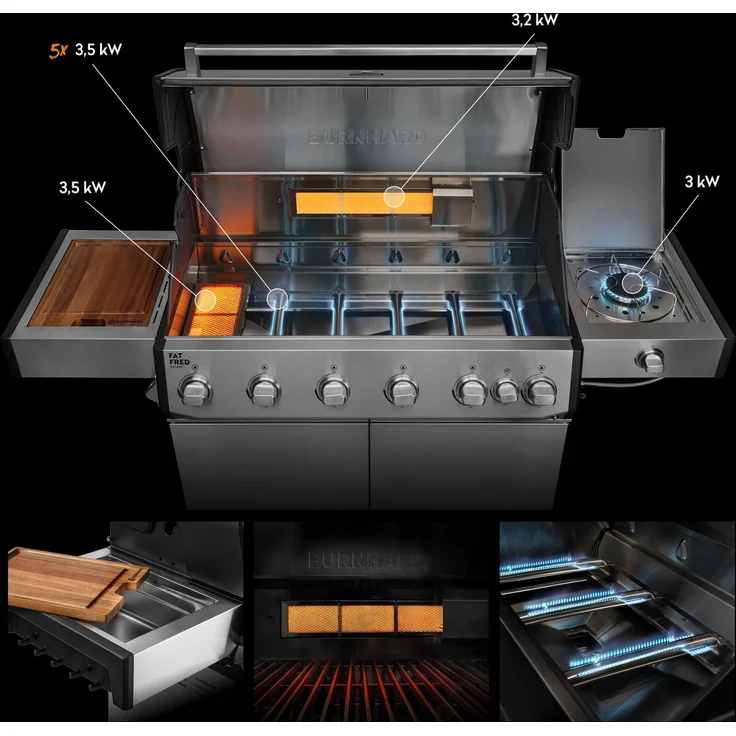 BURNHARD® Gasgrill 6-Brenner, 5x Edelstahl-Stabbrenner, 3,5 kW, Infrarot-Keramikbrenner, Heckbrenner, Seitenkochfeld, große Grillfläche, Piezo-Zündung – Fat FRED Deluxe - Silber - #947148 – Bild 2