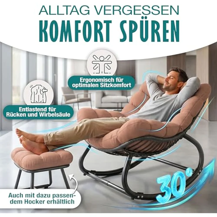 KESSER® Schaukelstuhl, für drinnen & draußen, ergonomisch, max. Belastung von 120kg, mit rutschfesten Füßen, Witterungsbeständig, Taupe – Bild 6