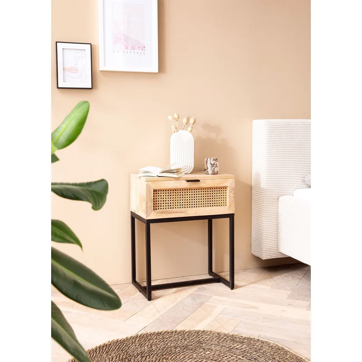 FineBuy Nachtkonsole Mango Massivholz mit Rattan & Metallgestell – Nachttisch im Boho & Natur Design mit Schublade, Nachtkästchen mit Wiener Geflecht für Boxspringbetten – 50x60x30 cm – Bild 2