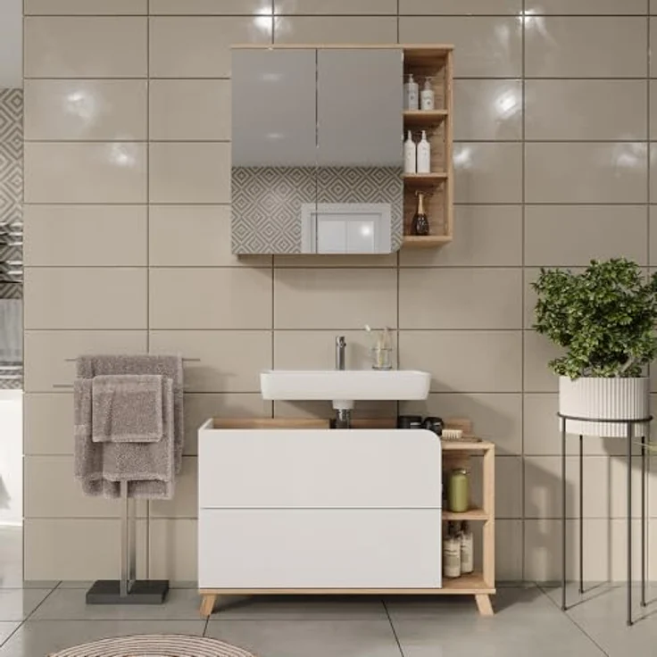 Vichy Badmöbel-Set Karen, 2-teilig, Waschbeckenunterschrank und Spiegelschrank, Sonoma/Weiß, hochwertige Verarbeitung – Bild 3