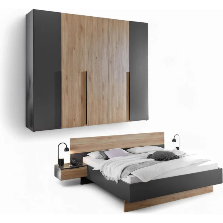 Stella Trading ASKA Schlafzimmer Komplett-Set in Graphit, Mauvella Eiche Optik - Schlafzimmer Möbel-Set 2-teilig bestehend aus Kleiderschrank & Bettanlage